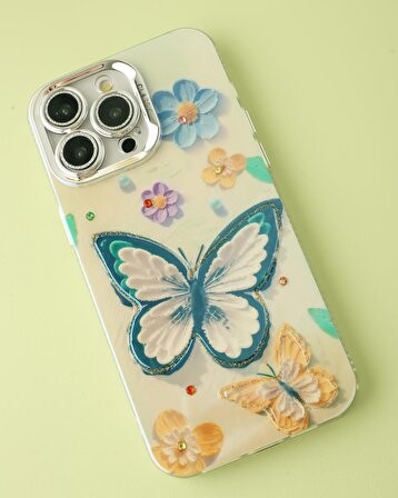 iPhone 14 Pro Uyumlu Lens Korumalı Simli Kelebekli Çiçekli Kılıf