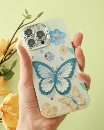 iPhone 14 Pro Uyumlu Lens Korumalı Simli Kelebekli Çiçekli Kılıf