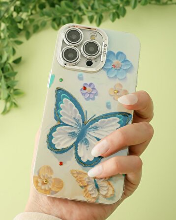 iPhone 14 Promax Uyumlu Lens Korumalı Simli Kelebekli Çiçekli Kılıf
