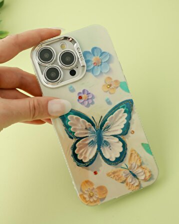 iPhone 15 Pro Uyumlu Lens Korumalı Simli Kelebekli Çiçekli Kılıf
