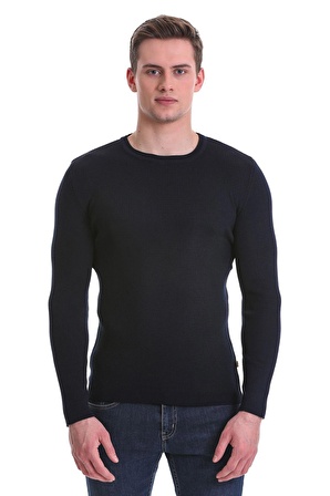Lacivert Slim Fit Fitilli Bisiklet Yaka Yünlü Triko Kazak | S