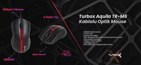 Turbox Aquila TR-M6 1000Dpi Usb Kablolu Kırmızı Siyah Optik Mouse