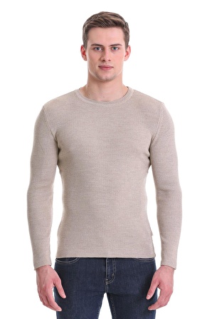 Bej Slim Fit Fitilli Bisiklet Yaka Yünlü Triko Kazak | L