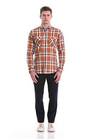Turuncu Slim Fit Kareli 100% Pamuklu Düğmeli Yaka Uzun Kollu Casual Gömlek | XL