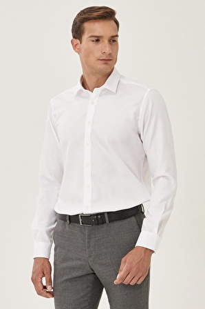 Erkek Beyaz Ütü Gerektirmeyen Non-iron Slim Fit Dar Kesim %100 Pamuk Armürlü Gömlek
