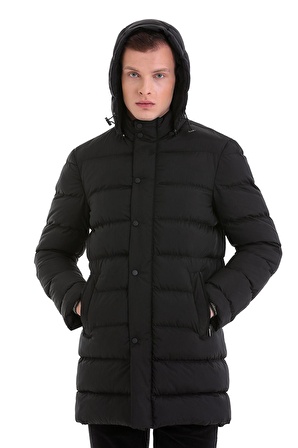 Siyah Slim Fit Hakim Yaka Kapüşonlu Basic Kaban | XL