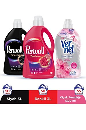 Perwoll Sıvı Çamaşır Deterjanı Siyah 2.97 L + Renkli 2.97  L + Vernel Max Yumuşatıcı Çiçek Ferahlığı 1320 ML