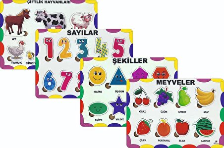 Ahşap Türkçe 4’lü Mega Set Eğitici Öğretici Yapboz çiftlik Hayv-Meyveler-şekiller-sayılar