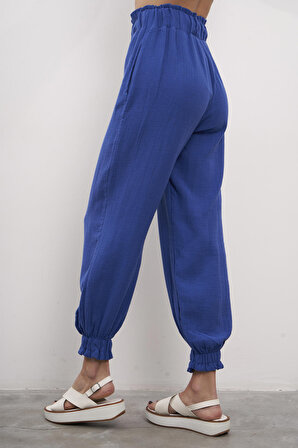 Kadın Saks Mavi Renk Yazlık Keten Kumaş Jogger Fit Pantolon