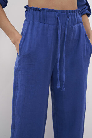 Kadın Saks Mavi Renk Yazlık Keten Kumaş Jogger Fit Pantolon