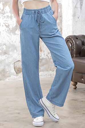 Kadın Açık Mavi Renk İnce Yazlık Kumaş Beli Lastikli Pantolon