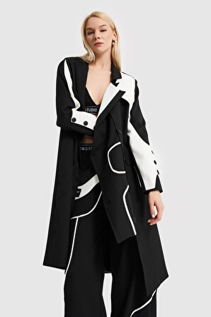 Kadın Siyah Beyaz Parçalı Uzun Tasarım Blazer Ceket