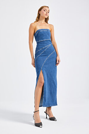 Kadın Mavi Renk Yandan Yırtmaçlı Dikiş Detaylı Straplez Elbise