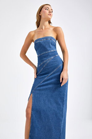Kadın Mavi Renk Yandan Yırtmaçlı Dikiş Detaylı Straplez Elbise