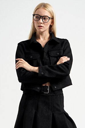 Kadın Siyah Renk Süet Kumaş Tasarım Ceket