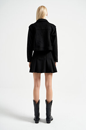 Kadın Siyah Renk Süet Kumaş Tasarım Ceket