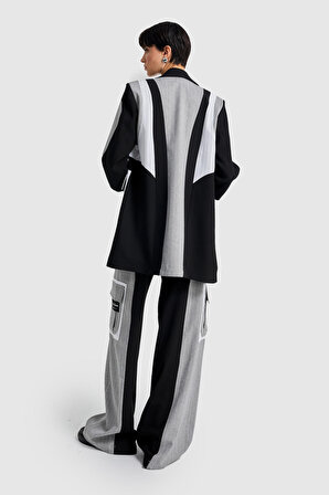Kadın Siyah Gri Çizgili Oversize Tasarım Ceket