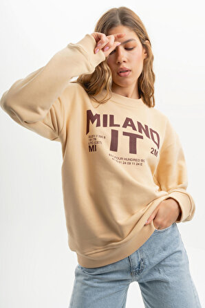 Kadın Taş Rengi Milano Baskılı Oversize Üç İplik Sweatshirt
