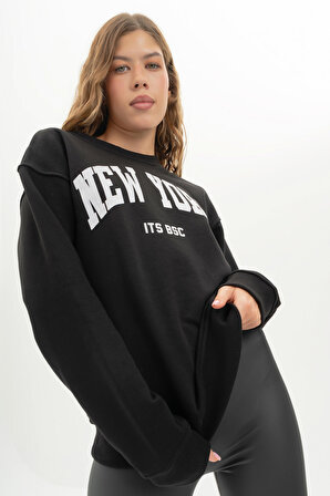 Kadın Siyah Renk New York Baskılı Oversize Üç İplik Sweatshirt