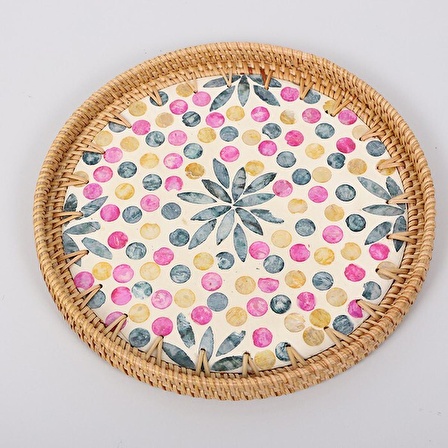 Sunum Tepsisi, Mavi-Sarı-Pembe Sedef Seramik Rattan Tepsi, Hasır Tepsisi, Dekoratif Tepsi 30x2.5cm