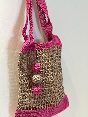 Bohem, Hasır Dolgulu El Örgüsü Crochet Ponpon Süslü Hasır Fuşya-Pembe Askılı Kadın Omuz Çantası