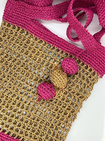 Bohem, Hasır Dolgulu El Örgüsü Crochet Ponpon Süslü Hasır Fuşya-Pembe Askılı Kadın Omuz Çantası