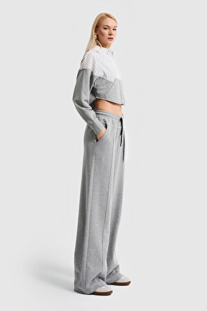 Kadın Gri Renk Cep Detaylı Bol Kesim Tasarım Eşofman Pantolon