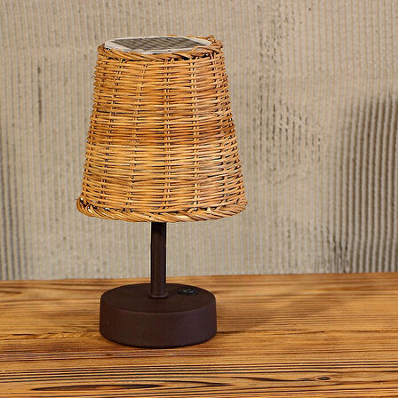 Bambu & Rattan Masa Lambası Dekoratif Kahve Ayaklı Güneş Enerjili Solar Lamba Aydınlatma 24x14cm