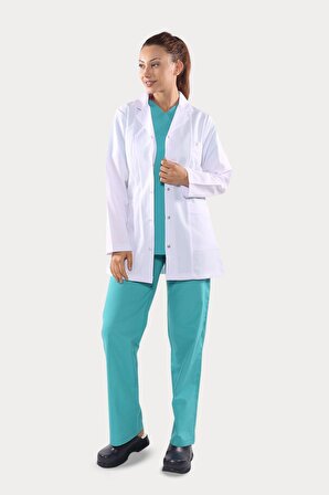 Uzun Kol Beyaz Kısa Boy Klasik Yaka Doktor Hemşire Öğretmen Önlüğü Alpaka Kumaş
