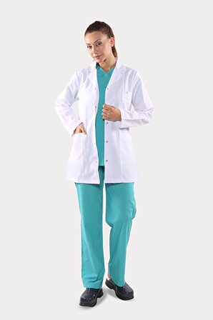 Uzun Kol Beyaz Kısa Boy Klasik Yaka Doktor Hemşire Öğretmen Önlüğü Alpaka Kumaş
