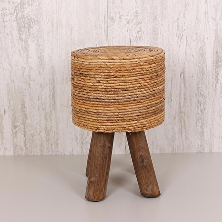 pixiperi- Teak Ağacı Dekoratif Sehpa, Doğal Rattan Sehpa, Yuvarlak Koltuk Sehpa, Puf 32x50cm