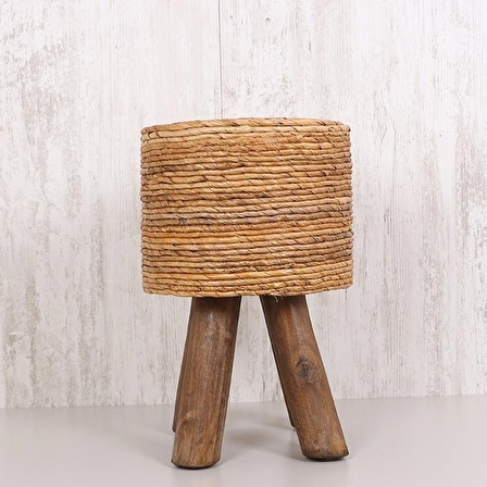 pixiperi- Teak Ağacı Dekoratif Sehpa, Doğal Rattan Sehpa, Yuvarlak Koltuk Sehpa, Puf 32x50cm