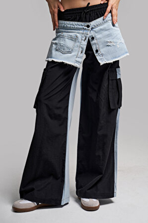 Kadın Siyah Renk Kot Parçalı Önü Etek Tasarım Denim Pantolon