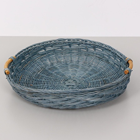 Kulplu Gri Rattan Tepsi, Tasarım Kahve Çay Sunum Tepsisi, Dekoratif Yuvarlak Hasır Tepsi 35x7cm