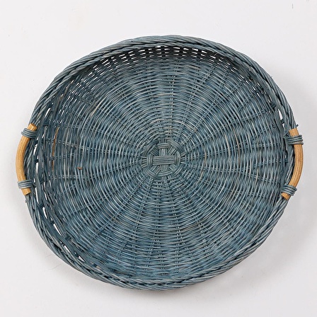 Kulplu Gri Rattan Tepsi, Tasarım Kahve Çay Sunum Tepsisi, Dekoratif Yuvarlak Hasır Tepsi 35x7cm