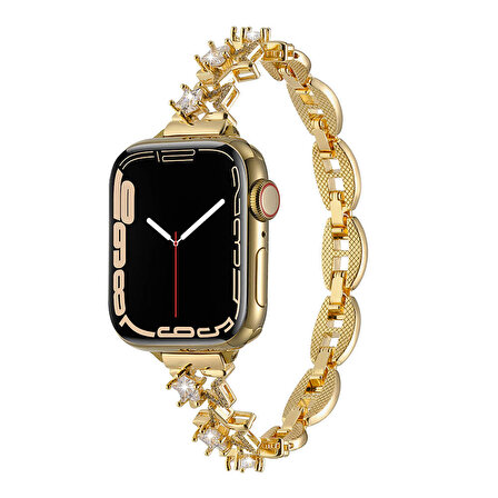 Apple Watch 7/8/9 41mm Uyumlu Kordon Yıldız Figürlü Parlak Taşlı Metal Kordon