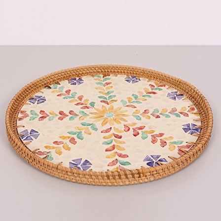 Kahve Sunum Tepsisi, Mor Çiçekli Sedef Seramik Rattan Tepsi, Hasır Çay Tepsisi 40x3cm