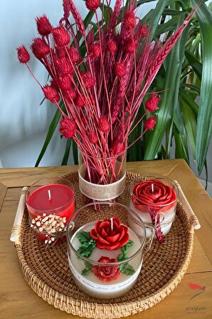 Kulplu Hasır Tepsili Dekoratif Mum ve Çiçek Kırmızı Temalı 5li set