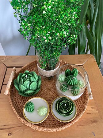 Kulplu Hasır Tepsili Dekoratif Mum ve Cam Vazo Yeşil Çiçek Kaktüs Temalı 6lı Set