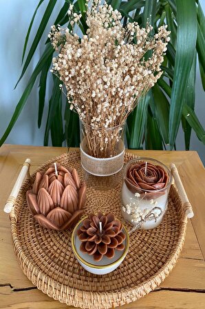 Kulplu Hasır Tepsili Dekoratif Kokulu Mum ve Vazolu Çiçek Kahverengi Temalı 5li Set