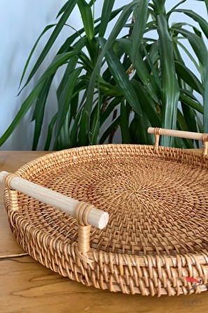 %100 El İşciliği Modern Iskandinav Bohem Rattan Kulplu Hasır Tepsi 30cm