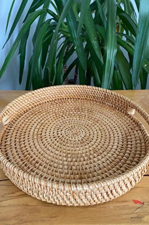 %100 El İşciliği Modern Iskandinav Bohem Rattan Gizli Kulplu Hasır Tepsi 30cm