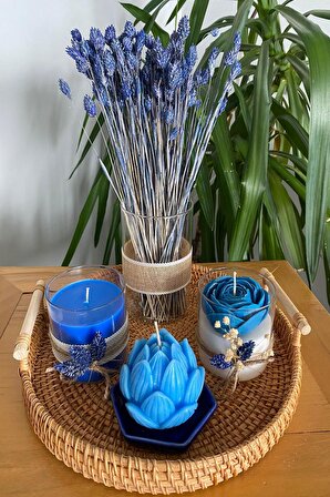 Kulplu Hasır Tepsili Dekoratif Parlement Mavi Lotus ve Gül Mum, Vazolu Mavi Çiçek Temalı 5li Set