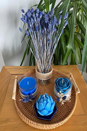 Kulplu Hasır Tepsili Dekoratif Parlement Mavi Lotus ve Gül Mum, Vazolu Mavi Çiçek Temalı 5li Set