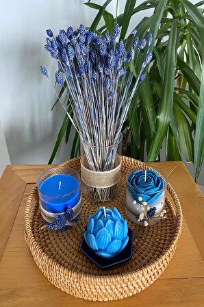 Gizli Kulplu Hasır Tepsili Dekoratif Parlement Lotus Mavi Mum ve Temalı 5 li Set 