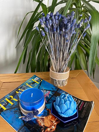 Dekoratif Kokulu Mum 3lü Set Silindir Cam Vazo ve Mavi Çiçekli Bardak Mumlar Sevgililer Günü Hediye