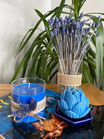 Dekoratif Kokulu Mum 3lü Set Silindir Cam Vazo ve Mavi Çiçekli Bardak Mumlar Sevgililer Günü Hediye
