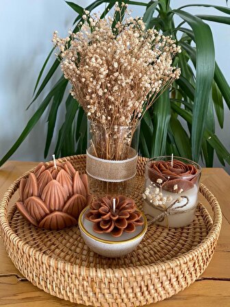 Gizli Kulplu Hasır Tepsili Dekoratif Kokulu Mum ve Vazolu Çiçek Kahverengi Temalı 5li Set