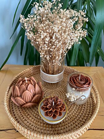 Gizli Kulplu Hasır Tepsili Dekoratif Kokulu Mum ve Vazolu Çiçek Kahverengi Temalı 5li Set