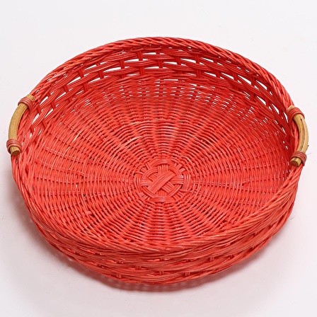 Kulplu Kırmızı Rattan Tepsi, Tasarım Kahve Çay Sunum Tepsisi, Dekoratif Yuvarlak Hasır Tepsi 35x7cm